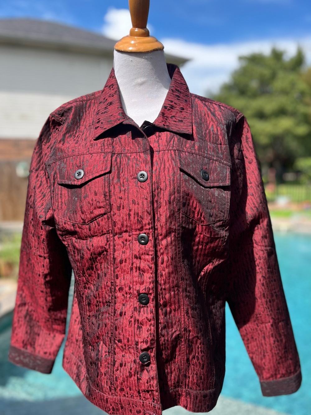 Chico’s Jacket Shirt Cobra Sheen Roasted Red Pepper Textured Taffeta Like Size 1